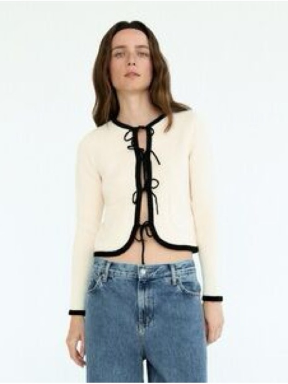 Zara Cream Knit Tie-Front Cardigan with Black Trim
